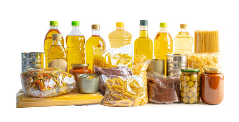 Foodstuff for donation on white background.