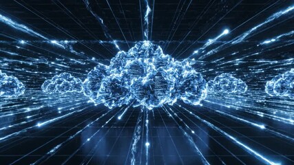 Cloud computing concept featuring glowing digital clouds and data streams with electric lightning bolts futuristic blue technology network connection environment showcasing dynamic energy flow - Powered by Adobe