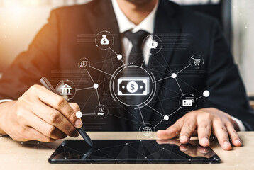 A fintech concept showing a network of digital banking services. This includes secure online payments, global transactions, and e-commerce for the modern financial system. Fermion