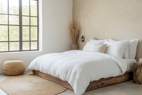 Cozy bohemian bedroom with plush bedding and natural decor