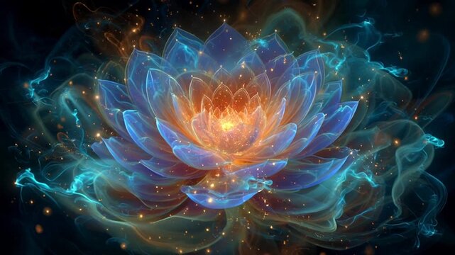Abstract lotus flower with blue petals and orange center, surrounded by glowing particles and swirling energy.