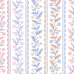 vector preppy floral striped seamless pattern in pastel color palette. Traditional ethnic delicate block print pattern design. Decorative wave floral stripes on white background.