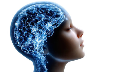 Obraz premium Illuminated Mind: A serene portrait of a person with the brain visualized, glowing with interconnected neural networks, a concept of cognition, intelligence, and thought processes.