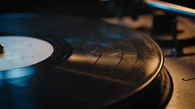 Vinyl record spins on turntable showing groove detail. Music plays on vintage turntable with vinyl disc. Retro record player spins vinyl album. Music groove visible on spinning vinyl record system.
