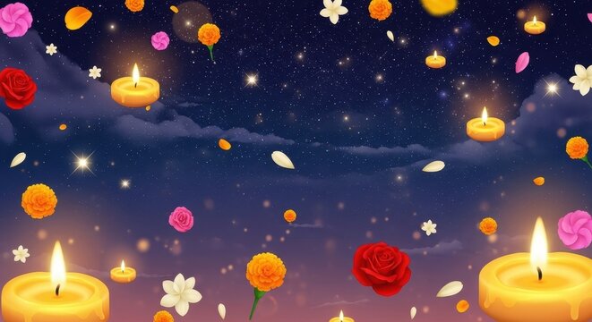 Enchanting celebration night background with glowing candles and floral decorations