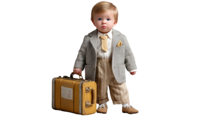 Young Explorer's Journey: A little explorer, ready to conquer the world, stands confidently in a smart suit, clutching a vintage suitcase. His innocent eyes beam with anticipation.