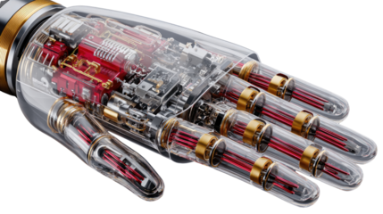 Advanced Bionic Hand: An intricately designed bionic hand showcases its internal components, with a focus on innovation and the future of prosthetics.