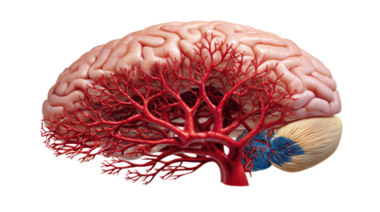 Human Brain Anatomy: Detailed anatomical illustration of the human brain, showcasing intricate neural networks and vascular structures.