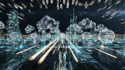 Digital futuristic cityscape glowing with data clouds, network connections, and spherical nodes, showcasing advanced technology, abstract information flow, and dynamic cloud network smart urban - Powered by Adobe