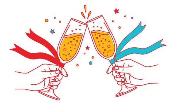 Vibrant champagne toast illustration for celebration, new year, party, anniversary, holiday and success