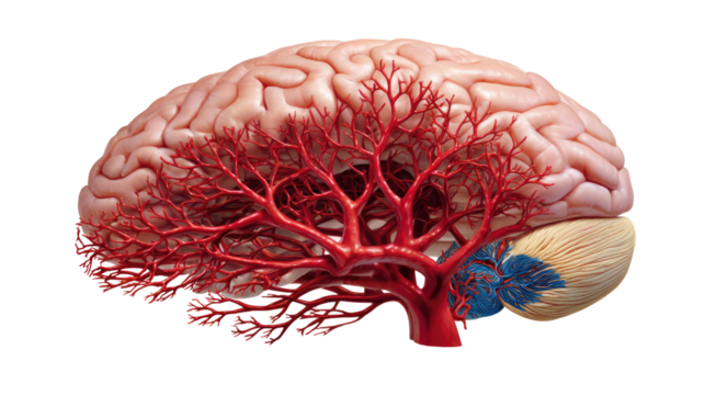 Human Brain Anatomy: Detailed anatomical illustration of the human brain, showcasing intricate neural networks and vascular structures.
