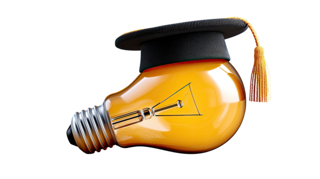 Enlightened Education: A light bulb dons a graduation cap, representing academic excellence, ingenuity, and the power of knowledge, symbolizing the path to enlightenment