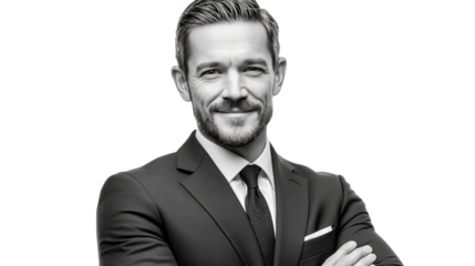 Sophisticated Confidence: A sharply dressed man exudes poise, his confident gaze conveying capability and elegance. Ideal for business-related ventures.