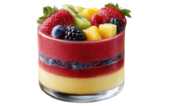 Tropical Fruit Dessert: This delightful dessert features layers of creamy yellow base, a vibrant red fruit puree, and a colorful assortment of fresh fruit pieces on top.