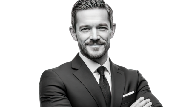 Sophisticated Confidence: A sharply dressed man exudes poise, his confident gaze conveying capability and elegance. Ideal for business-related ventures.