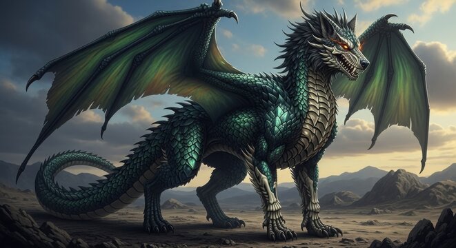 Green dragon with wolf head in a fantasy landscape