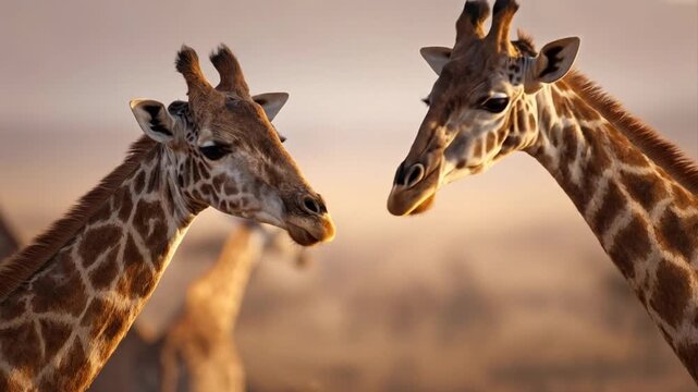 Two giraffes with their heads close together in soft golden light, sharing an intimate moment in the african savanna. Wildlife conservation concept. Cute animal love, couple bond, romantic date.