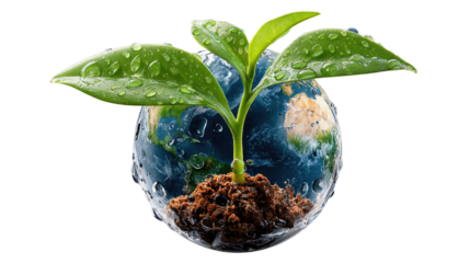 Green Growth of the world: A seedling plant, its vibrant green leaves shimmering with droplets, emerges from a bed of fertile soil atop a globe, symbolizing growth and environmental care. 