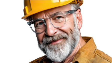 Confident Construction Professional: A seasoned construction worker, sporting a hard hat and spectacles, exudes an aura of experience and confidence, embodying skill and expertise in the field.