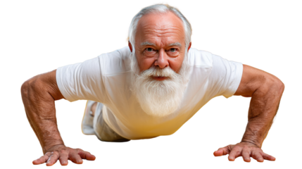 Strength in Years: A focused older adult demonstrates impressive physical fortitude, executing a push-up with determination. Embracing active aging and the pursuit of physical well-being.