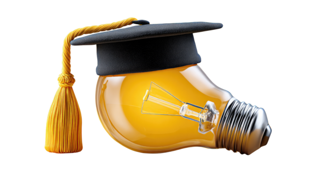 Illuminating Education: A creative concept symbolizing academic achievement and the power of knowledge, showcasing a glowing light bulb adorned with a graduation cap.