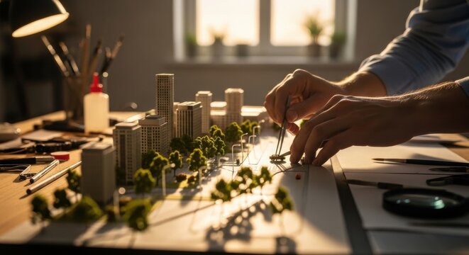 Hands meticulously crafting miniature city model for visionary urban planning