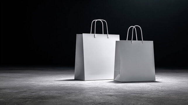 Two shopping bags white and grey on black background with elegant lighting mockup