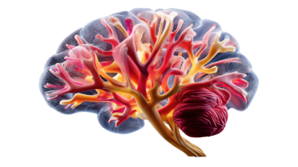 Brain Anatomy: A detailed and vibrant illustration unveils the intricate network of the human brain, showcasing its complexity and beauty in a stunning display of color and form.