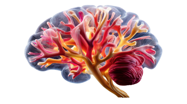Brain Anatomy: A detailed and vibrant illustration unveils the intricate network of the human brain, showcasing its complexity and beauty in a stunning display of color and form.
