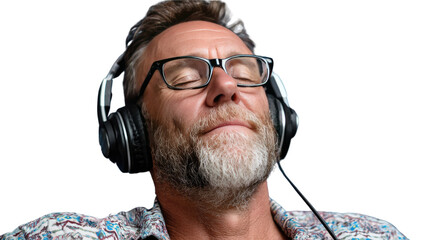Serene Soundscape: A man, immersed in a moment of tranquility, closes his eyes and enjoys the immersive audio experience through his headphones.