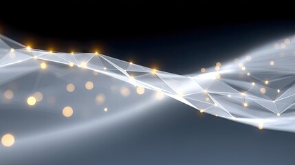 An abstract digital network structure with interconnected nodes and glowing golden bokeh lights, set against a dark, gradient background with a soft, ethereal m