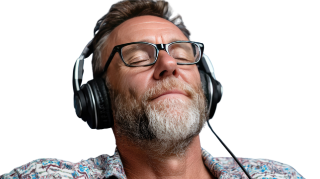 Serene Soundscape: A man, immersed in a moment of tranquility, closes his eyes and enjoys the immersive audio experience through his headphones.