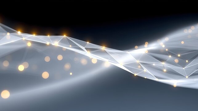 An abstract digital network structure with interconnected nodes and glowing golden bokeh lights, set against a dark, gradient background with a soft, ethereal m - Powered by Adobe