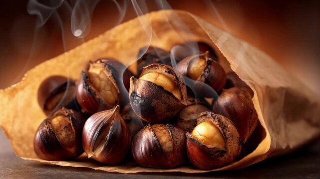 Freshly roasted chestnuts in a paper bag with steam rising
