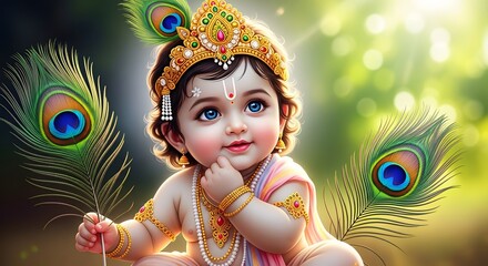 A charming depiction of baby krishna adorned with peacock feathers and a golden crown, radiating divine innocence and playful curiosity in a serene setting