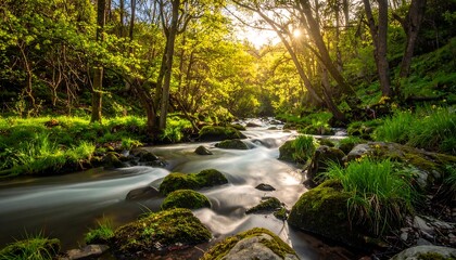 Fototapeta premium A sunlit stream flows smoothly between mossy rocks, through lush green trees in a vibrant forest scene