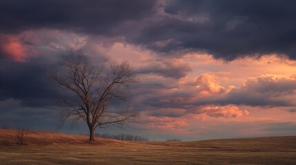 Solitary tree silhouetted against a dramatic sunset sky.