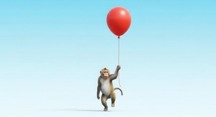 Monkey holding a red balloon on blue background