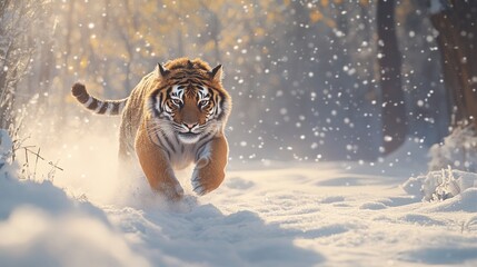 Majestic tiger running through snowy forest. (3)