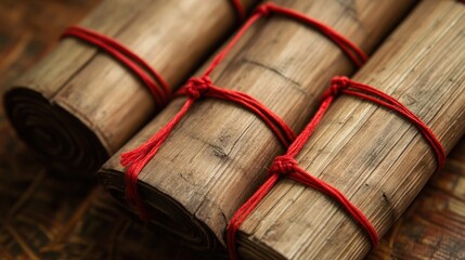 Ancient bamboo scrolls tied with red string.