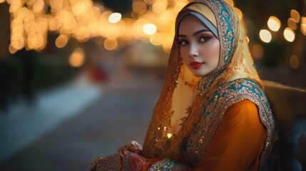 Elegant woman in hijab at night.