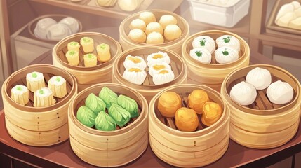 Assorted steamed dumplings in bamboo baskets on a table.