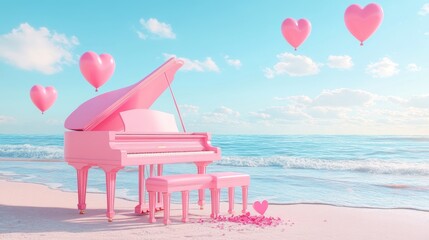 Pink grand piano on beach with hearts.