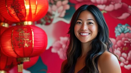 Smiling Asian woman near red lanterns.