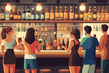 Friends enjoying drinks at a lively bar.