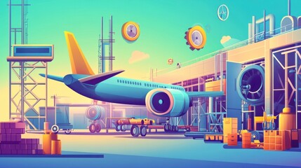 Airplane at airport hangar undergoing maintenance.