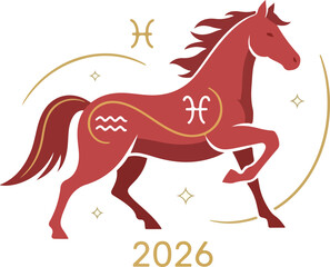 Red horse graphic with astrological symbols 2026 text below