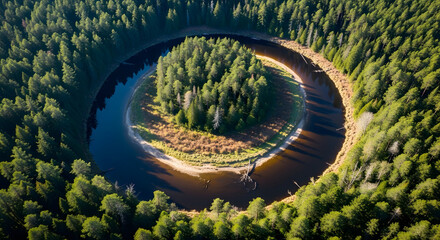 Serene Aerial View of a Forest Embracing a Circular River Bend, Capturing Nature's Tranquil Embrace and Geographical Artistry