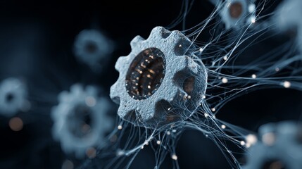 Close-up of gear-like shapes with rough textures, interconnected by glowing filaments on a blurred, dark background