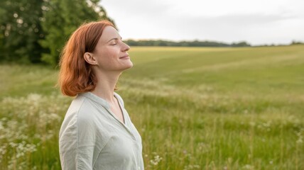 Red-haired woman in wildflower meadow, eyes closed — mindfulness banner